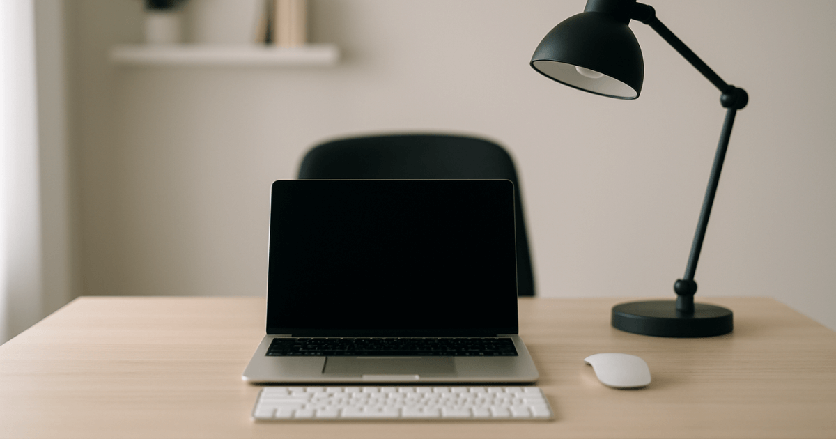 Um home office minimalista e organizado, projetado como um ambiente de deep work.