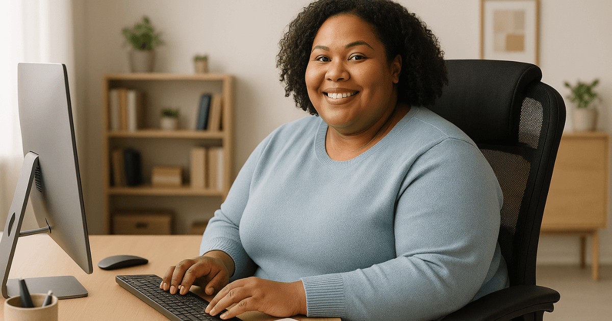 Profissional plus size trabalhando confortavelmente em uma cadeira ergonômica para sobrepeso.