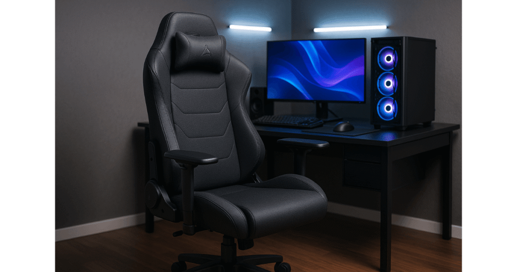 Exemplo de uma cadeira gamer ergonômica sendo usada para trabalho.