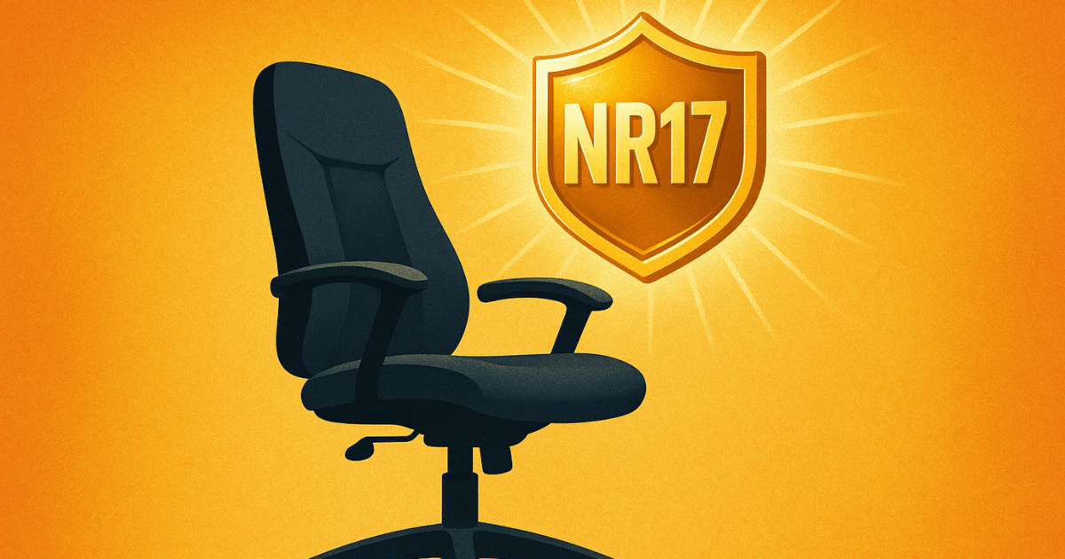 Ilustração de uma cadeira ergonômica com um selo de certificação do laudo NR17.
