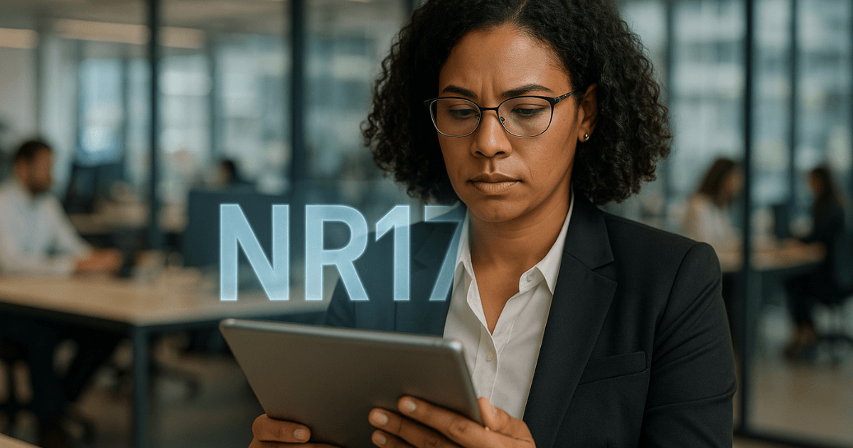 Gestora de RH revisando o checklist da NR17 para o trabalho em home office.
