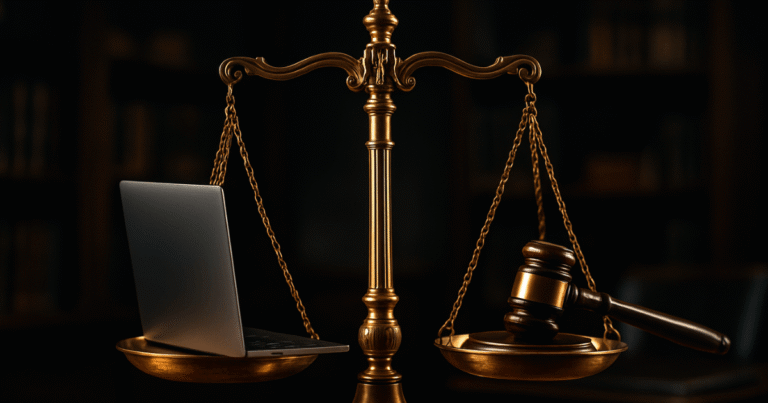 A balança da justiça equilibrando os direitos no home office CLT, representados por um notebook.