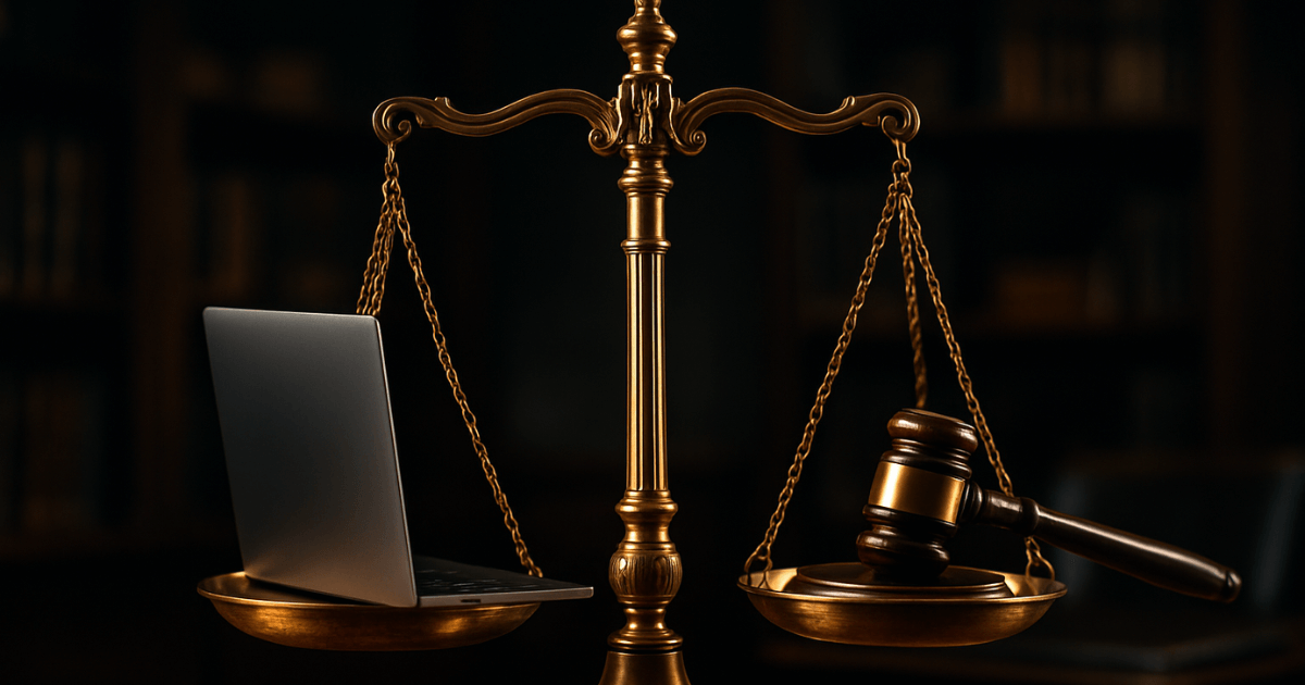 A balança da justiça equilibrando os direitos no home office CLT, representados por um notebook.