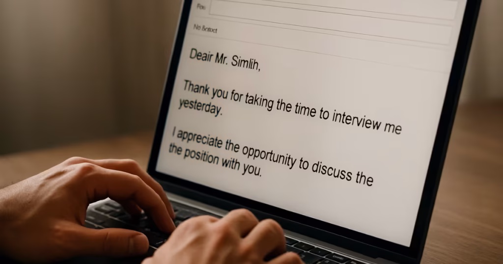 Profissional escrevendo um e-mail de agradecimento após uma entrevista de emprego online.