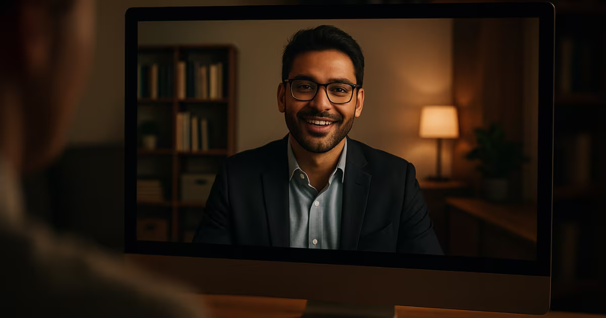 Candidato se destacando em uma entrevista de emprego online.