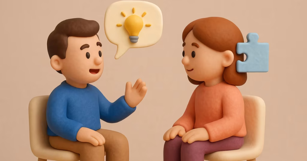 Duas pessoas conversando, ilustrando como o feedback ajuda a aplicar o Growth Mindset.