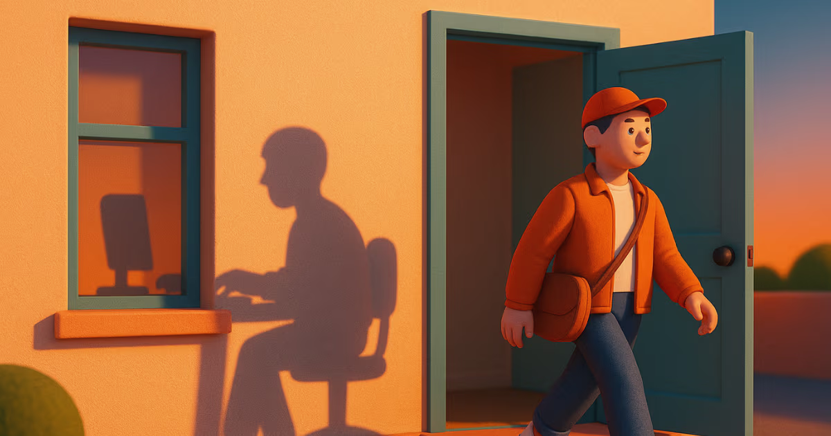 Ilustração do "expediente falso", a dificuldade de desligar do trabalho no home office.