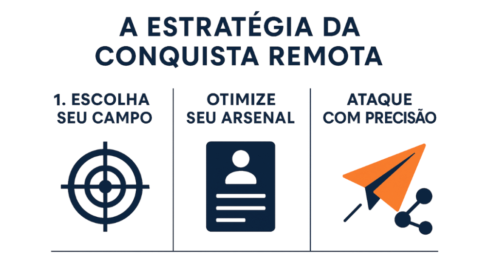 Infográfico com a estratégia para conseguir uma vaga de trabalho remoto em 3 passos.