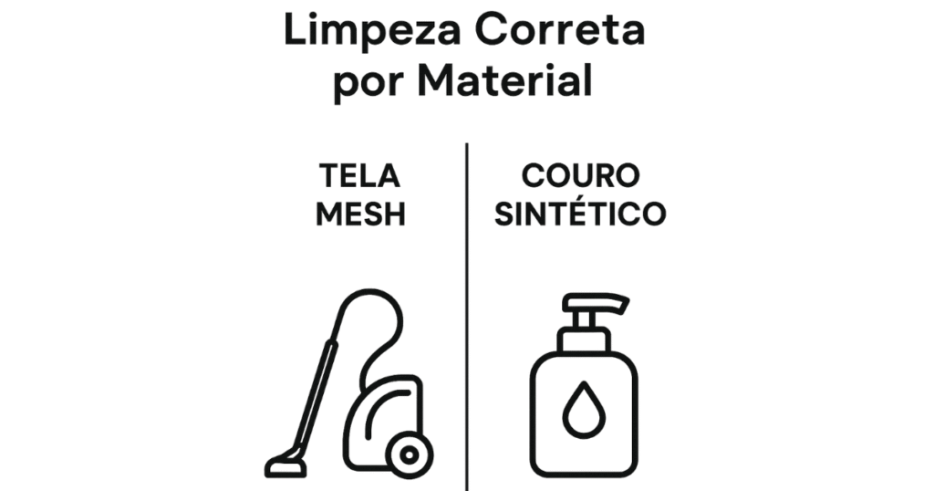 Infográfico mostrando como limpar corretamente cadeiras de tela mesh e couro sintético.