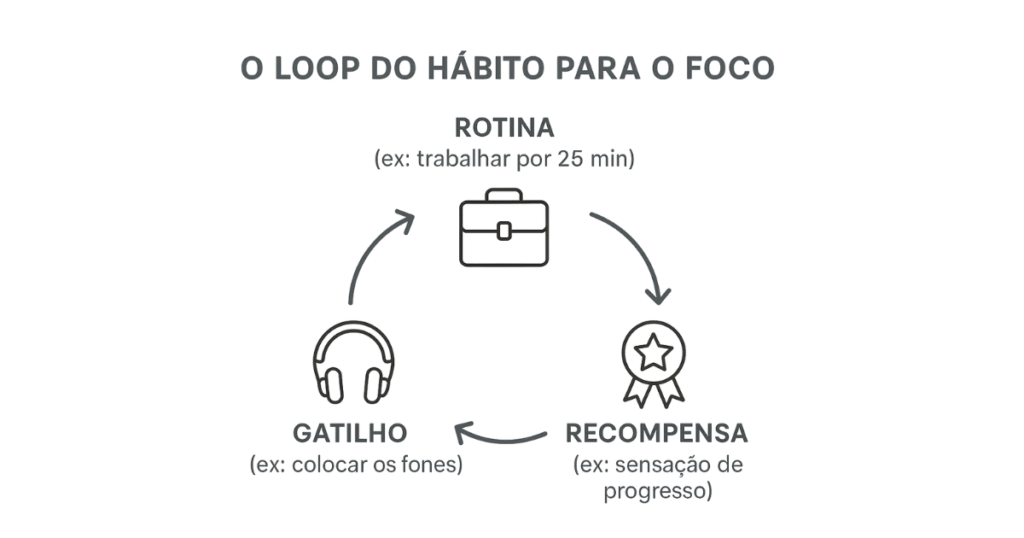 Infográfico do Loop do Hábito (Gatilho, Rotina, Recompensa) aplicado aos rituais de deep work.