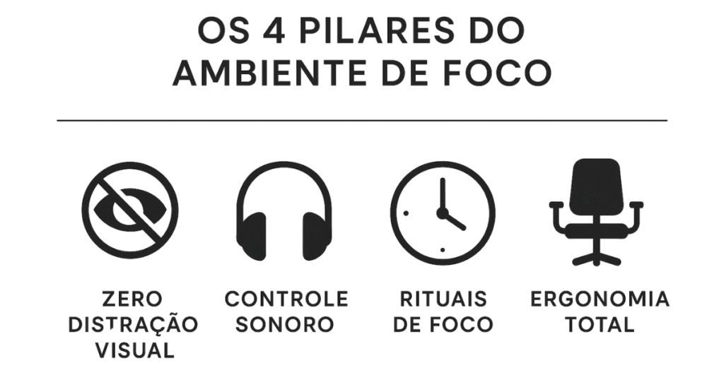 Infográfico com os 4 pilares para criar um ambiente de foco: sem distração visual, controle sonoro, rituais e ergonomia.