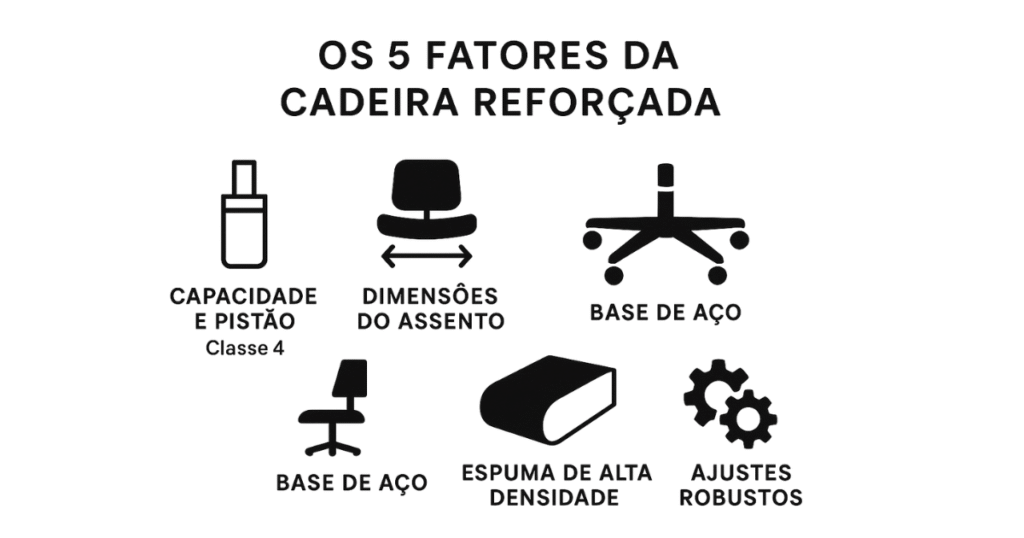 Infográfico com os 5 fatores essenciais a procurar em uma cadeira ergonômica reforçada para sobrepeso.