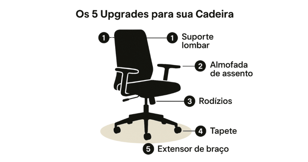Infográfico mostrando os 5 principais acessórios para melhorar a ergonomia de uma cadeira.