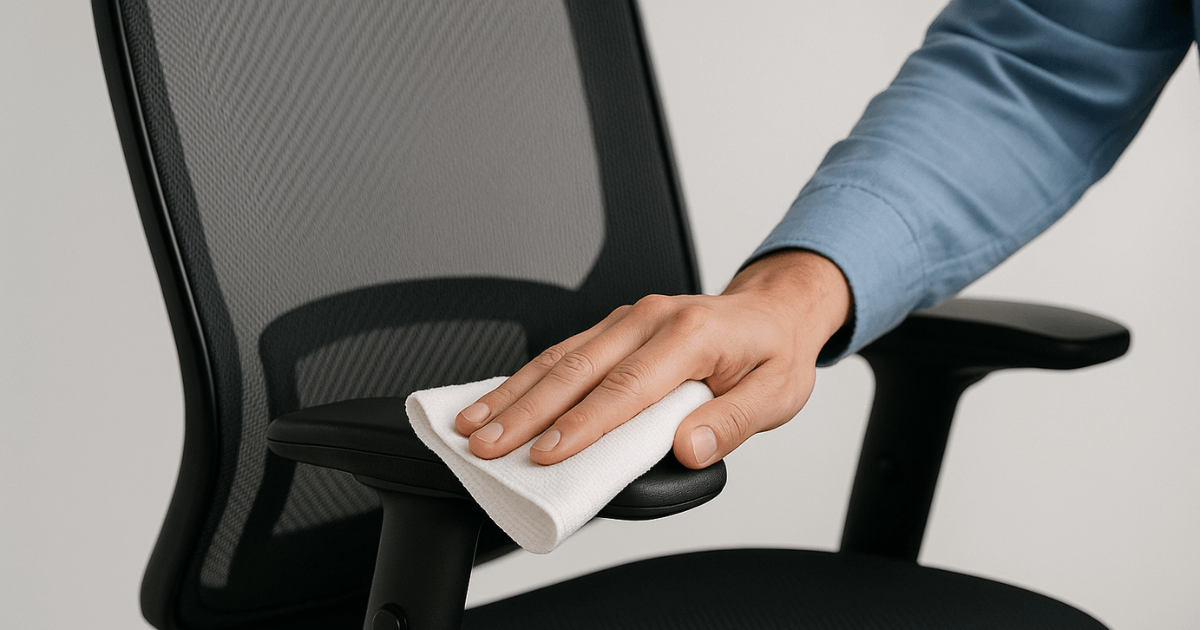 Pessoa fazendo a manutenção e limpeza de uma cadeira ergonômica para aumentar sua durabilidade.