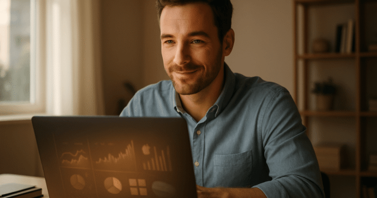 Profissional em seu home office buscando os melhores sites de vagas home office em seu laptop.