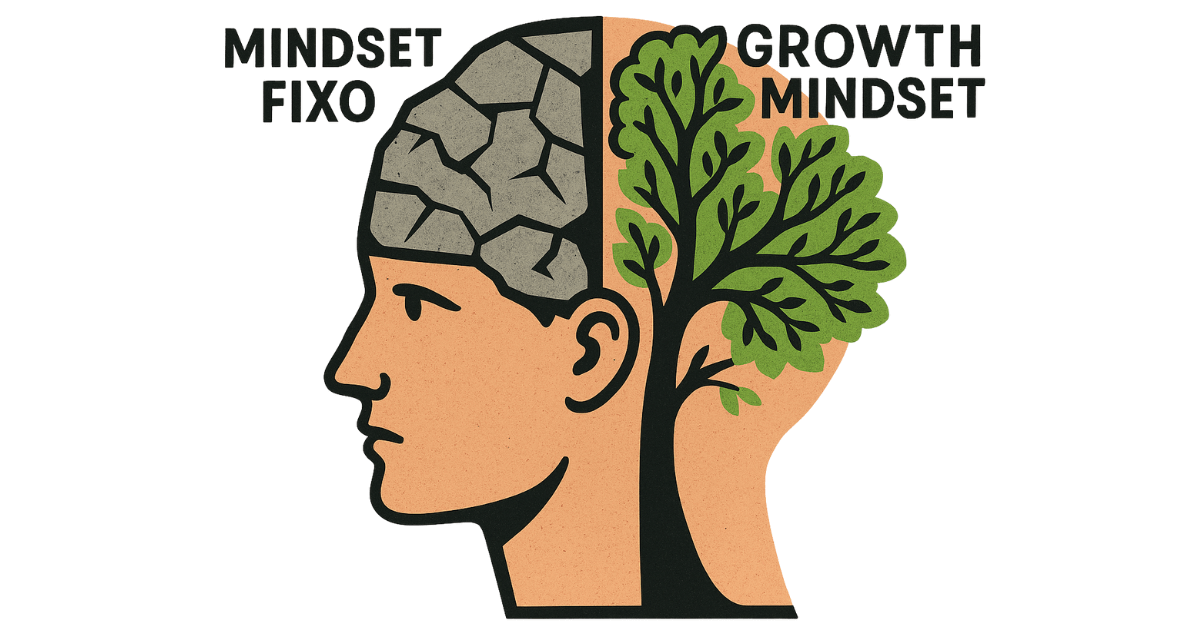 Ilustração mostrando a diferença entre o mindset fixo (uma pedra) e o growth mindset (uma árvore em crescimento).
