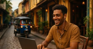 Nômade digital brasileiro trabalhando e viajando pela Ásia, ganhando em reais.