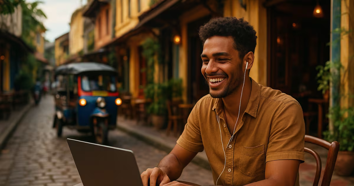Nômade digital brasileiro trabalhando e viajando pela Ásia, ganhando em reais.