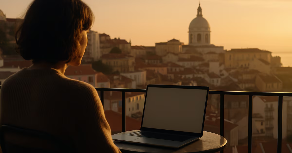 Nômade digital trabalhando em seu laptop com vista para uma cidade europeia.