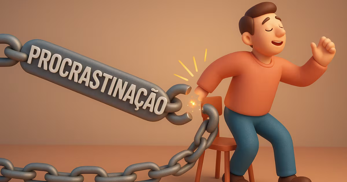 Ilustração de uma pessoa quebrando a corrente da procrastinação com a Regra dos 2 Minutos.