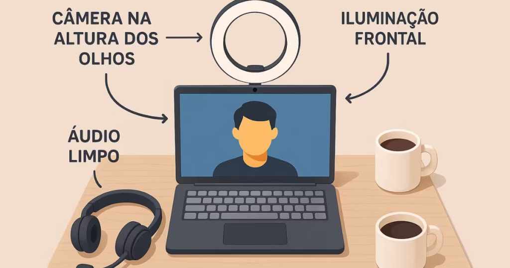 Infográfico mostrando o setup ideal de áudio, vídeo e iluminação para uma entrevista de emprego online.