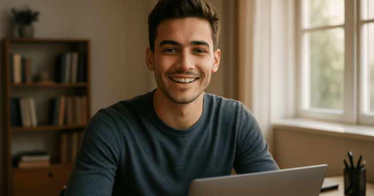 Jovem profissional pronto para começar em sua primeira vaga home office para iniciantes.