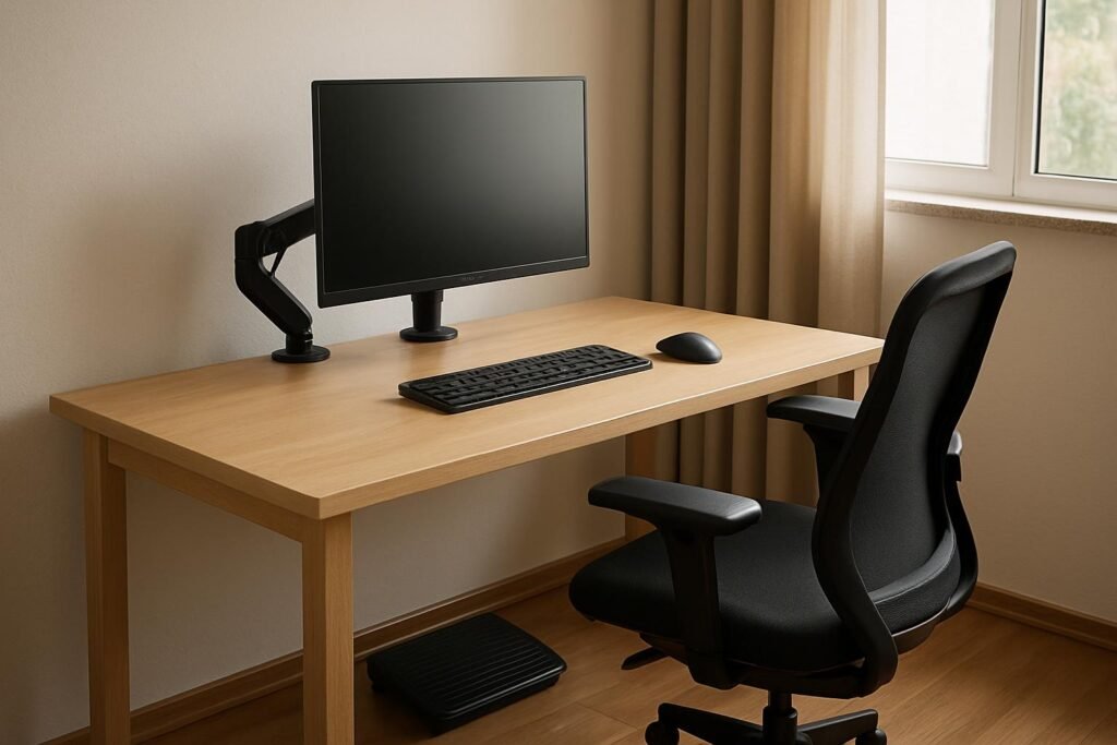 Posto de home office regulado com mesa de madeira, cadeira ergonômica, monitor em braço articulado na altura dos olhos e apoio para os pés