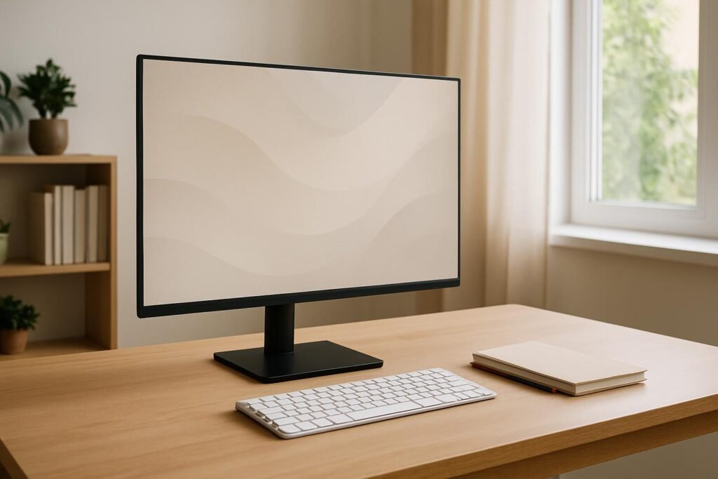 Melhor monitor para home office: monitor de tela plana sobre mesa de madeira clara com luz natural da janela