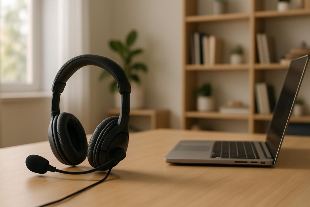 Headset para reunião online com microfone de haste sobre mesa de home office ao lado de notebook