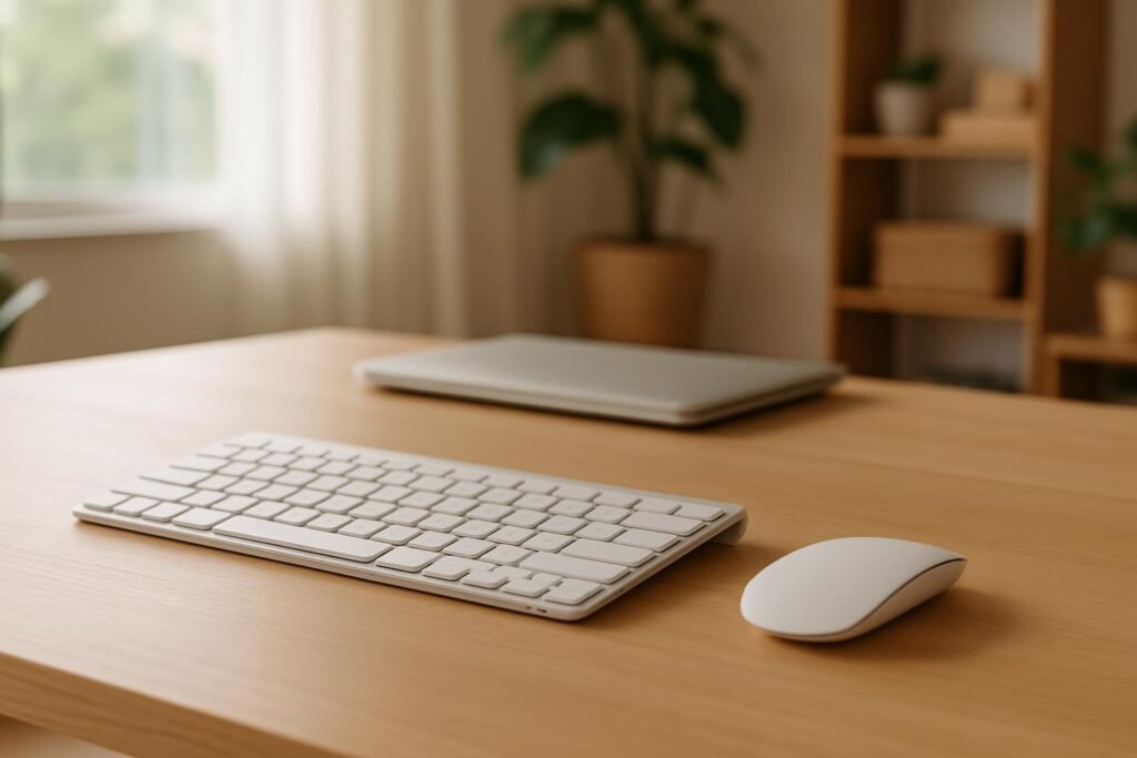 Kit teclado e mouse sem fio sobre mesa de madeira clara em home office com luz natural
