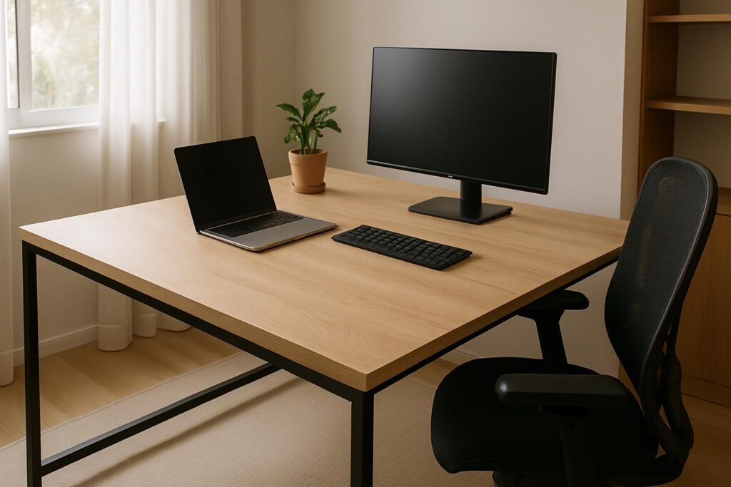 Mesa para home office com tampo de madeira, estrutura metálica preta, monitor e notebook em escritório em casa com luz natural