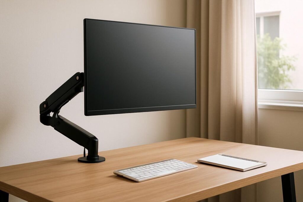 Monitor em suporte articulado com pistão a gás preso à borda de mesa de madeira em home office com luz natural