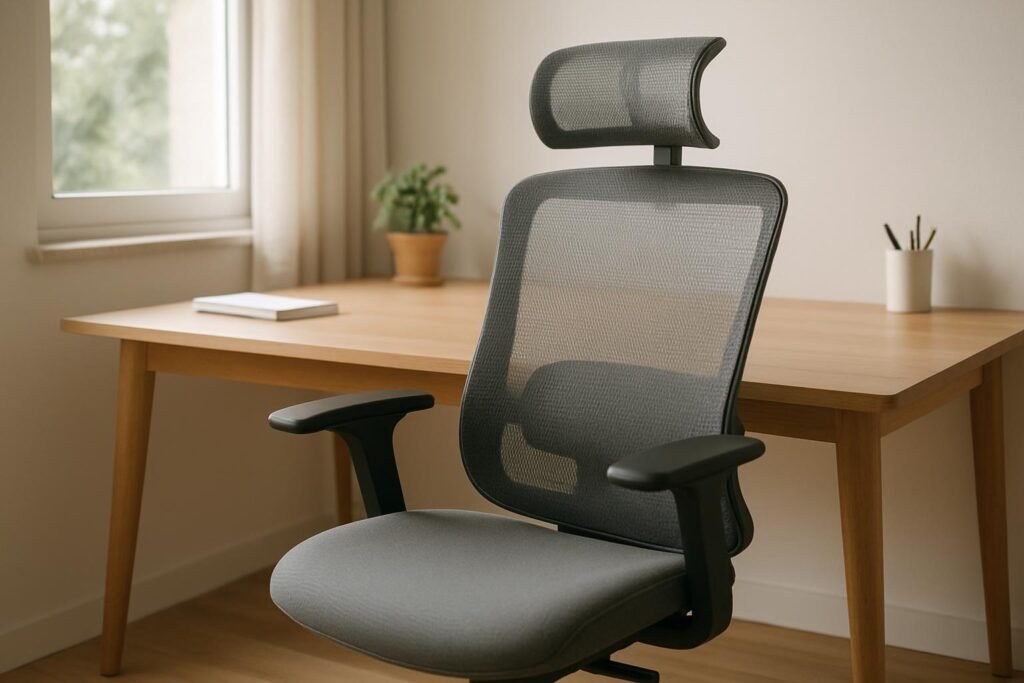 Cadeira de escritório cinza com encosto em tela e apoio lombar, tipo da cadeira Python Fly NR17, em home office com luz natural